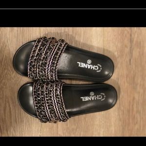 Chanel Tweed chain CC slide sandals